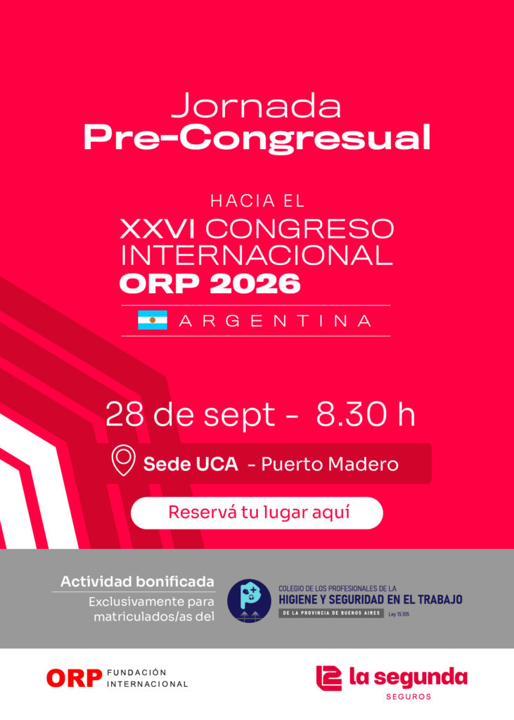 Flyer del Precongreso ORP 2026 con información sobre la Jura Profesional y el Registro de Firmas para matriculados Ley 15.105.